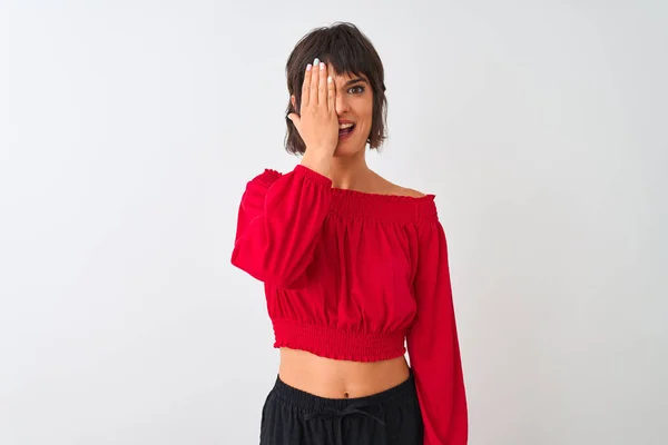 Young Beautiful Woman Wearing Red Summer Shirt Standing Isolated White — Stock Photo, Image