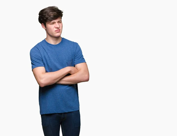 Mladý Pohledný Muž Nosí Modré Tričko Izolované Pozadí Skeptik Nervózní — Stock fotografie
