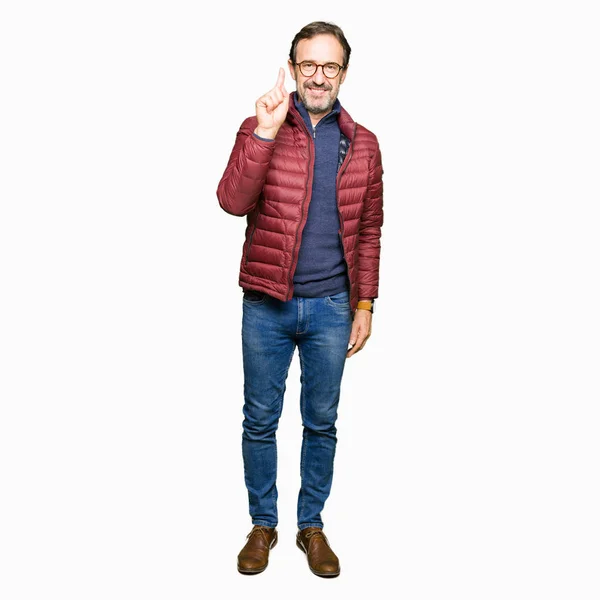 Middle Age Handsome Man Wearing Glasses Winter Coat Showing Pointing — Stock Photo, Image
