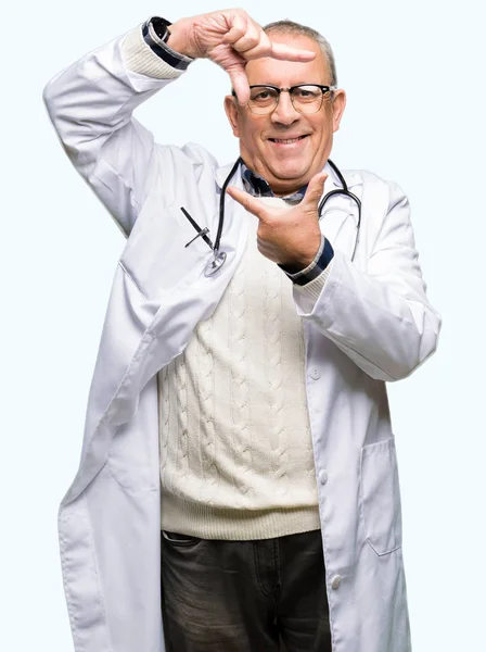 Handsome Senior Doctor Man Wearing Medical Coat Smiling Making Frame — Stock Photo, Image