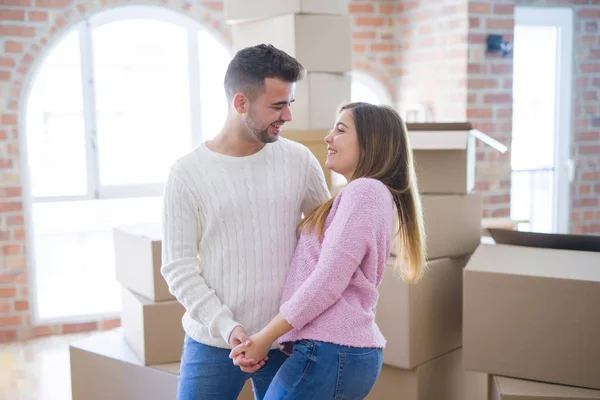 Young Beautiful Couple Love Celebrating Dancing Moving New Home Smiling — Stock Photo, Image