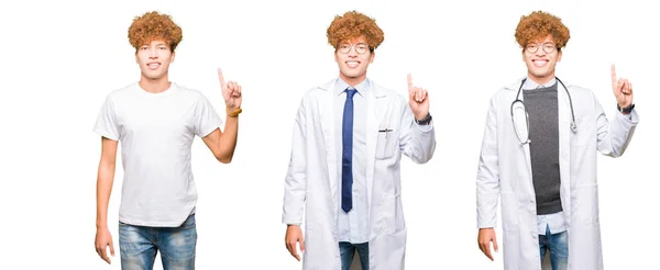 Collage Joven Doctor Vestido Con Abrigo Médico Sobre Fondo Blanco —  Fotos de Stock