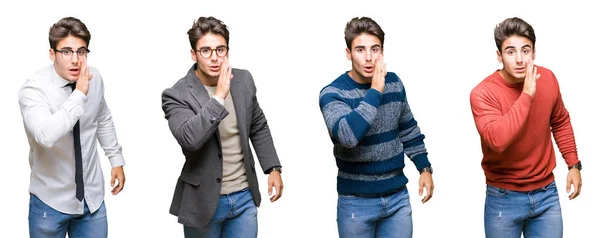 Collage Unga Stilig Affärsman Över Isolerade Bakgrund Hand Munnen Berättar — Stockfoto