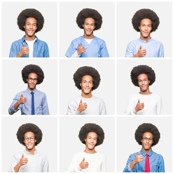 Collage of young man with afro hair over white isolated background doing happy thumbs up gesture with hand. Approving expression looking at the camera showing success.