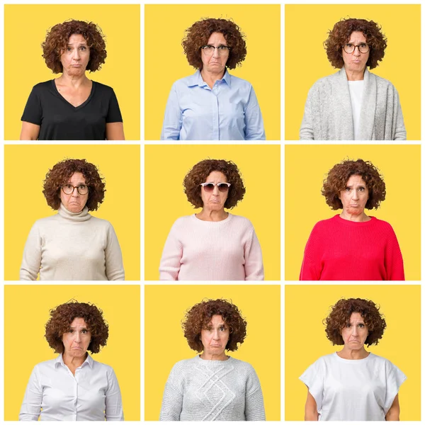 Collage Middle Age Senior Woman Yellow Isolated Background Depressed Worry — Stock Photo, Image