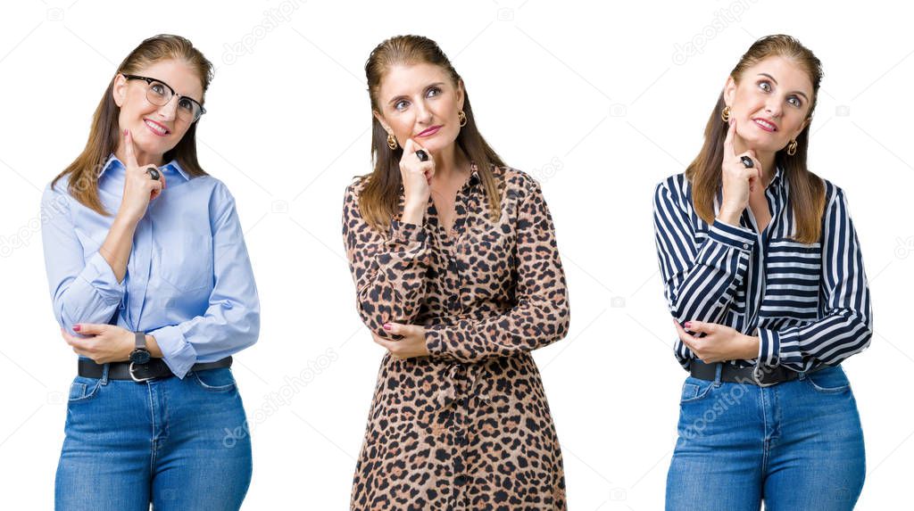 Collage of beautiful middle age woman over isolated background with hand on chin thinking about question, pensive expression. Smiling with thoughtful face. Doubt concept.