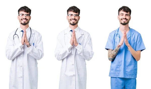 Collage Medico Uomo Indossa Cappotto Medico Sfondo Isolato Pregando Con — Foto Stock