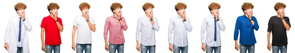 Collage Young Man Wearing Different Looks Isolated White Background Bored — Stock Photo, Image