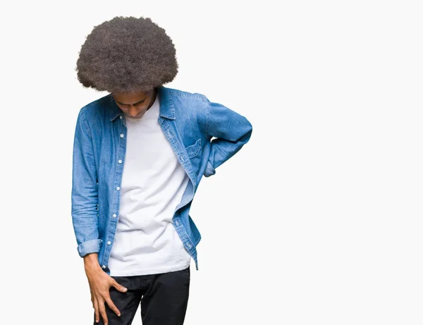 Jovem Americano Africano Com Cabelo Afro Sofrendo Dor Nas Costas — Fotografia de Stock