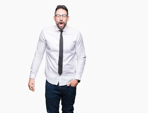 Young Handsome Business Man Wearing Glasses Isolated Background Shock Face — Stock Photo, Image