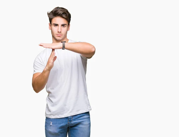 Jonge Knappe Man Dragen Witte Shirt Geïsoleerde Achtergrond Doen Time — Stockfoto
