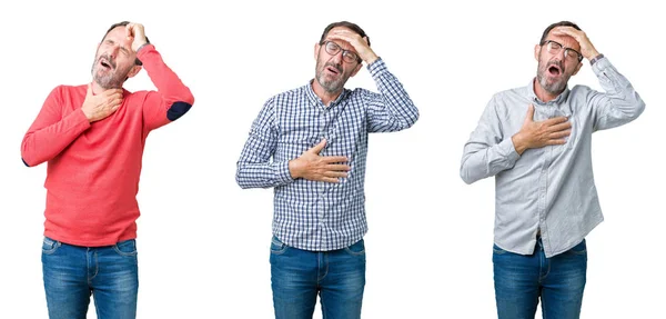 Collage Hombre Mayor Guapo Sobre Fondo Blanco Aislado Tocando Frente —  Fotos de Stock