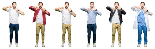 Collage Attractive Young Man White Isolated Background Doing Thumbs Disagreement — Stock Photo, Image
