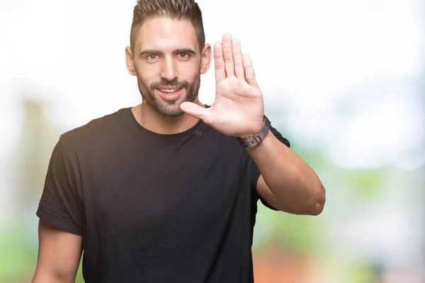 Joven Hombre Guapo Sobre Fondo Aislado Renuncia Decir Hola Feliz —  Fotos de Stock