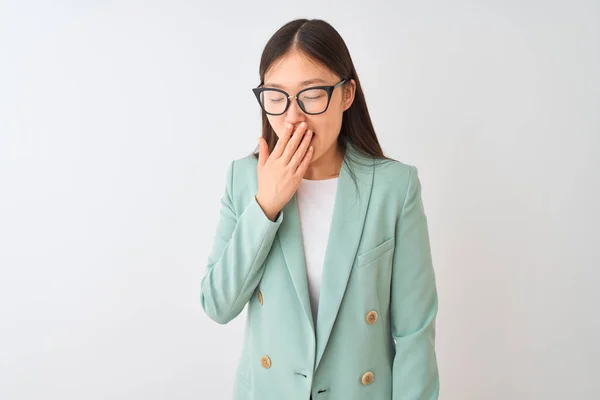 Chinese Businesswoman Wearing Elegant Jacket Glasses Isolated White Background Bored — Stock Photo, Image