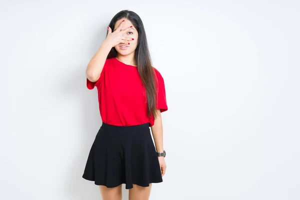 Beautiful Brunette Woman Wearing Red Shirt Skirt Isolated Background Peeking — Stock Photo, Image
