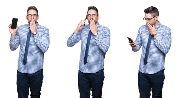 Collage Hombre Negocios Guapo Usando Teléfono Inteligente Sobre Boca Cubierta —  Fotos de Stock