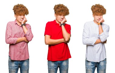 Izole beyaz arka plan üzerinde kıvırcık saçlı genç bussines adam Kolaj stresli ve ağız tırnak ısırma elleri ile sinir görünümlü. Anksiyete sorunu.