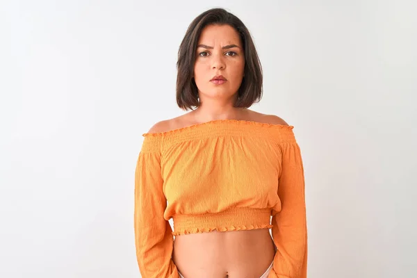Junge Schöne Frau Orangefarbenem Shirt Vor Isoliertem Weißem Hintergrund Mit — Stockfoto
