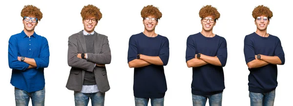 Коллаж Молодого Бизнесмена Очках Изолированном Белом Фоне Счастливое Лицо Улыбающееся — стоковое фото