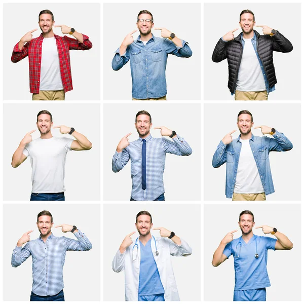 Collage Van Aantrekkelijke Jonge Man Witte Geïsoleerde Achtergrond Glimlachend Vertrouwen — Stockfoto
