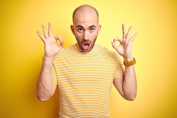 Young Bald Man Beard Wearing Casual Striped Shirt Yellow Isolated — Stock Photo, Image