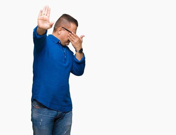 Middle Age Arab Man Wearing Glasses Isolated Background Covering Eyes — Stock Photo, Image