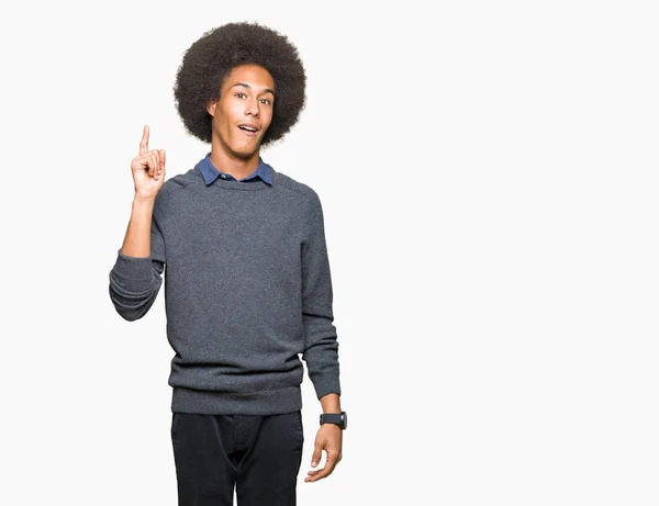 Jonge Afro Amerikaanse Zakenman Met Afro Haar Vinger Omhoog Met — Stockfoto