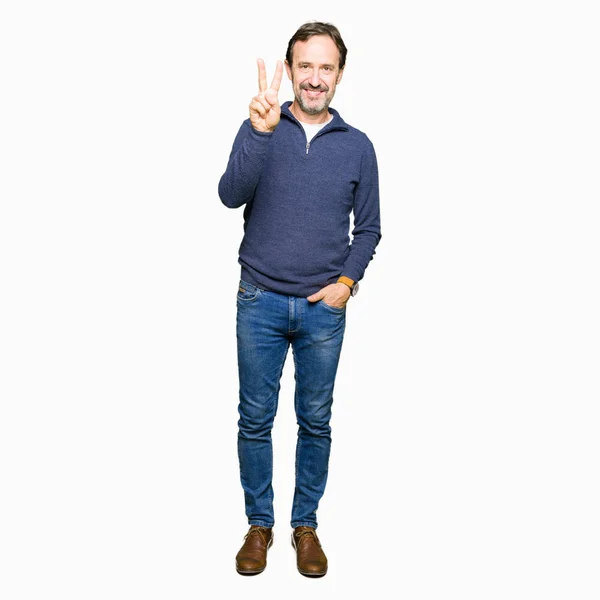 Middle Age Handsome Man Wearing Sweater Showing Pointing Fingers Number — Stock Photo, Image