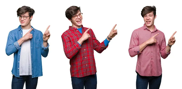 Colagem Jovem Sobre Fundo Isolado Branco Sorrindo Olhando Para Câmera — Fotografia de Stock