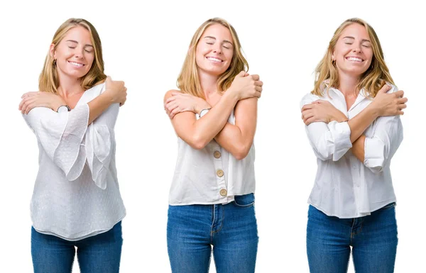 Collage Einer Schönen Blonden Frau Vor Weißem Isoliertem Hintergrund Die — Stockfoto