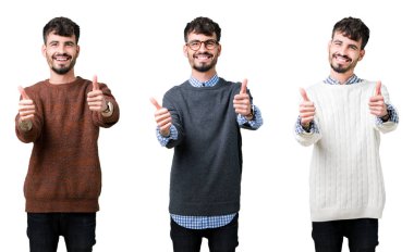 Izole arka plan üzerinde bir kazak giyen genç adamın kolaj el ile olumlu jest yapıyor onaylayan, gülümseyerek kadar başparmak ve başarı için mutlu. Kameraya bakmak, kazanan jest.