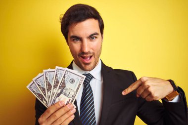 Genç yakışıklı işadamı kendini işaret sürpriz yüzü ile izole sarı arka plan üzerinde dolar tutan takım elbise giyiyor