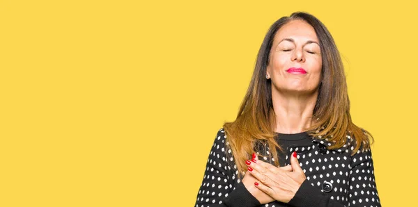 Beautiful Middle Age Woman Wearing Fashion Jacket Smiling Hands Chest — Stock Photo, Image