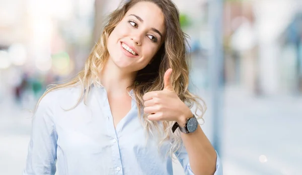 Beautiful Young Blonde Business Woman Isolated Background Doing Happy Thumbs — Stock Photo, Image