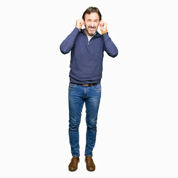 Middle Age Handsome Man Wearing Sweater Smiling Pulling Ears Fingers — Stock Photo, Image
