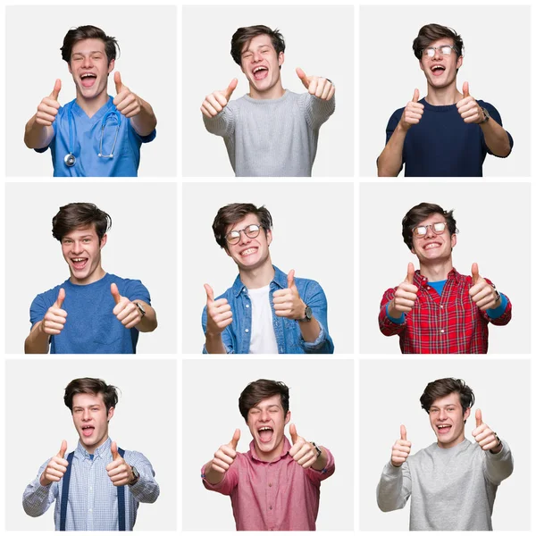 Collage Eines Jungen Mannes Vor Weißem Isoliertem Hintergrund Der Positive — Stockfoto