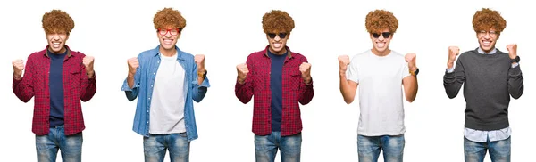 Collage Unga Affärsman Bär Glasögon Över Isolerad Vit Bakgrund Firar — Stockfoto