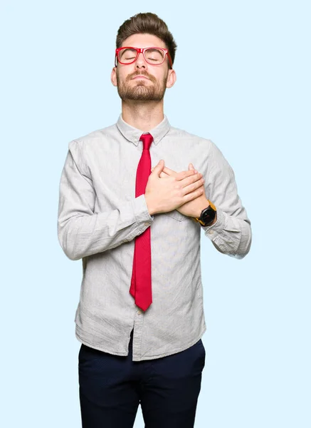 Young Handsome Business Man Wearing Glasses Smiling Hands Chest Closed — Stock Photo, Image