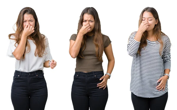 Collage Van Mooie Jonge Vrouw Geïsoleerde Achtergrond Iets Ruiken Stinkende — Stockfoto