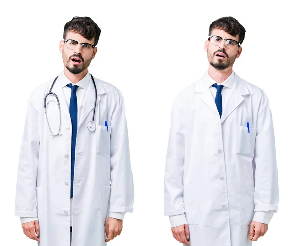 Collage Joven Doctor Vistiendo Abrigo Médico Cara Shock Mirando Escéptico — Foto de Stock