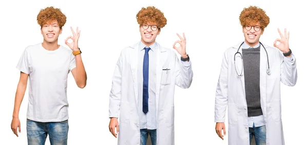 Collage Joven Doctor Vestido Con Abrigo Médico Sobre Fondo Blanco —  Fotos de Stock