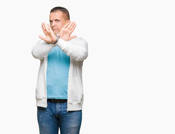 Arabischer Mann Mittleren Alters Trägt Sweatshirt Über Isoliertem Hintergrund Ablehnungsausdruck — Stockfoto