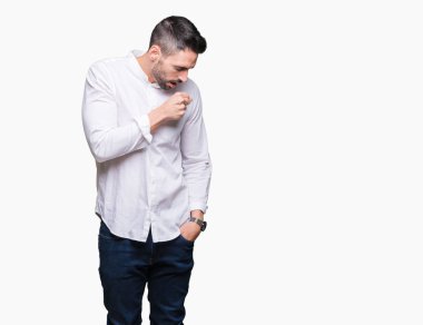 Duygu iyi ve soğuk veya bronşit için semptom olarak öksürük izole arka plan üzerinde genç iş adamı. Sağlık kavramı.