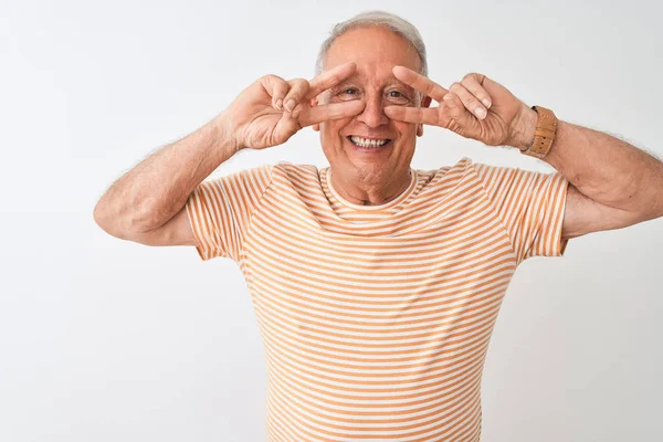 Senior Grey Haired Man Bär Randig Shirt Stående Över Isolerad — Stockfoto