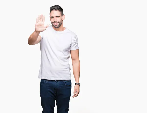 Bonito Homem Vestindo Shirt Branca Sobre Fundo Isolado Branco Waiving — Fotografia de Stock