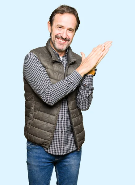 Middle Age Handsome Man Wearing Winter Vest Clapping Applauding Happy — Stock Photo, Image