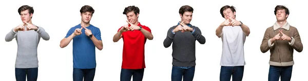 Collage Young Man White Isolated Background Rejection Expression Crossing Fingers — Stock Photo, Image