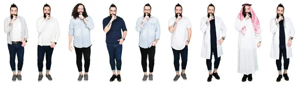 Collage Giovane Uomo Con Barba Capelli Lunghi Sfondo Bianco Isolato — Foto Stock