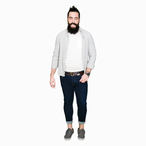 Young Man Long Hair Beard Earrings Sticking Tongue Out Happy — Stock Photo, Image